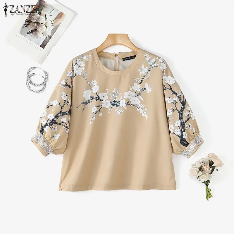 ZANZEA 3/4 Sleeve Oversized Tunics Women Blouse Puff Short Sleeve Floral Printing Elegant Tops Casual Crew Neck Summer Tops