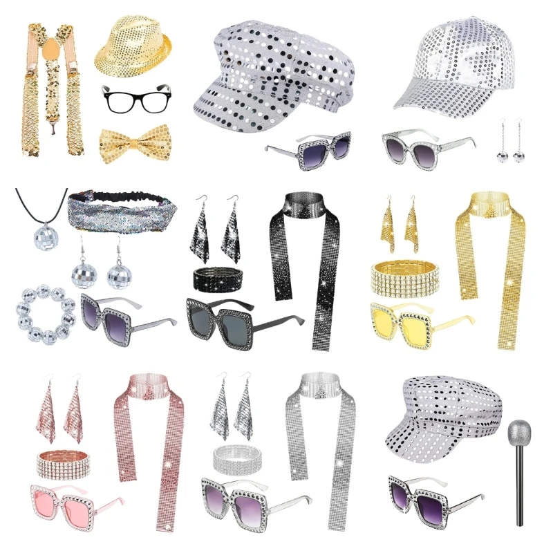 Women 1970s Accessories Bling Sunglasses Hat Long Scarf Earrings Bracelet