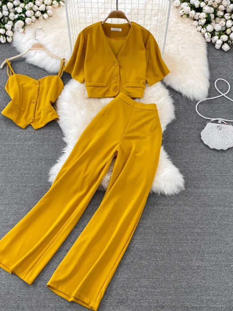 New Fashion Blazer Three Piece Sets Women Tank Tops V-neck Shirt Jacket Three-piece Suit High Waist Wide Leg Long Pants Oufits