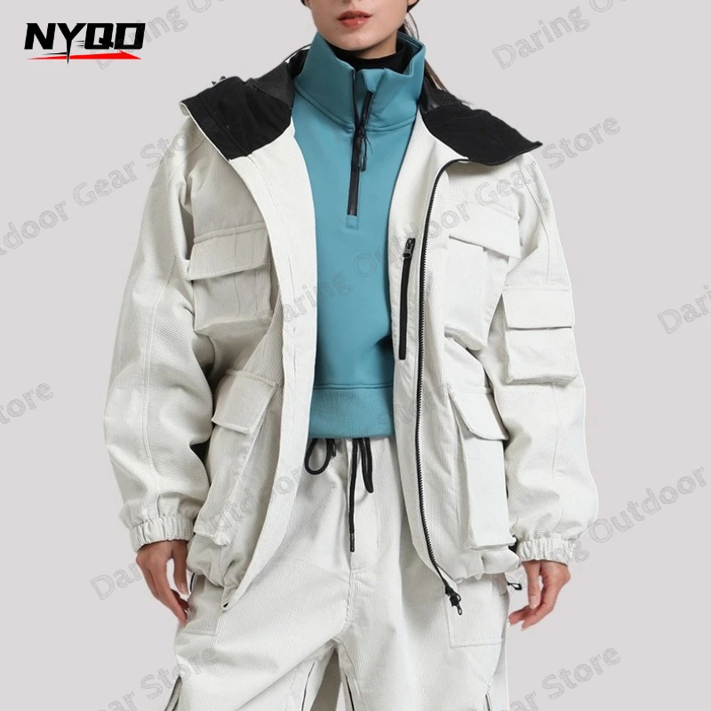 Snowboard Jacket Waterproof Windproof Loose Fit Hooded Cargo Multi-Pockets for Men Women
