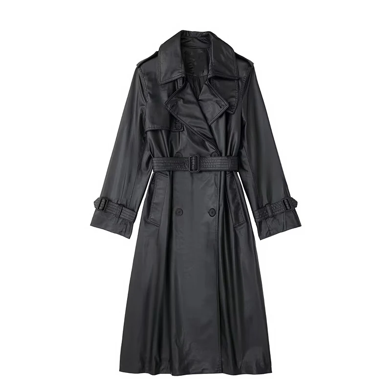 Spring Autumn Oversized Cool Black Long Leather Trench Coat for Women Belt Long Sleeve Loose European Fashion 2024