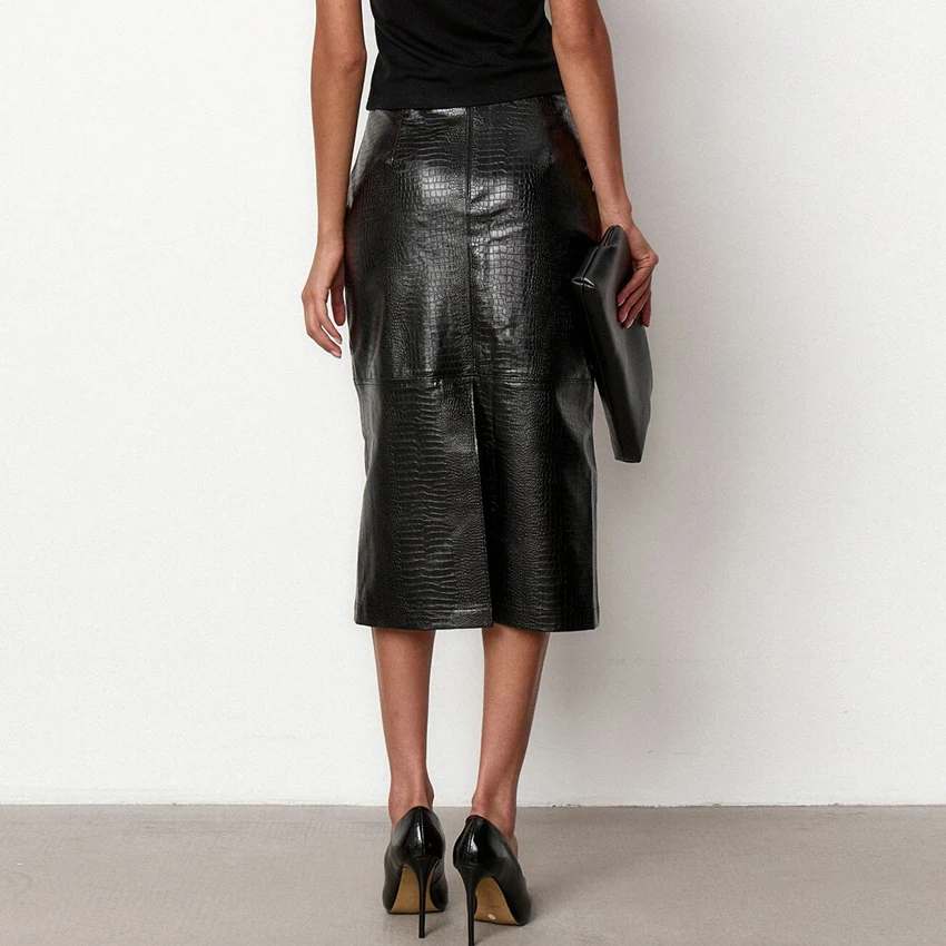 Linad Street Chic Black PU Mid Calf Skirts Women Vintage Slim High Waist Split Skirts 2026 Fashion Zipper Straight Skirt Female