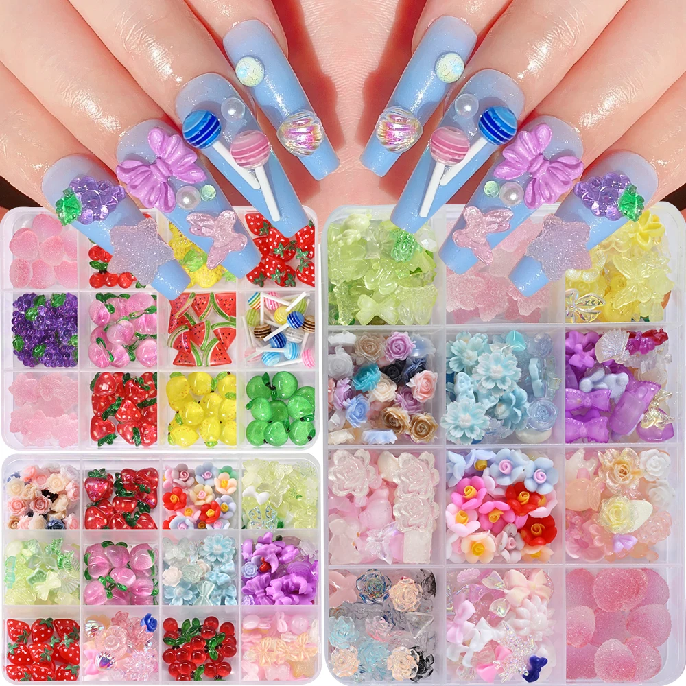 12Grids 3D Lollipop Cartoon Fruit Nail Art Rhinestones Flatback Resin Strawberry Grape Nail Charms DIY Jewelry Gems Decoration