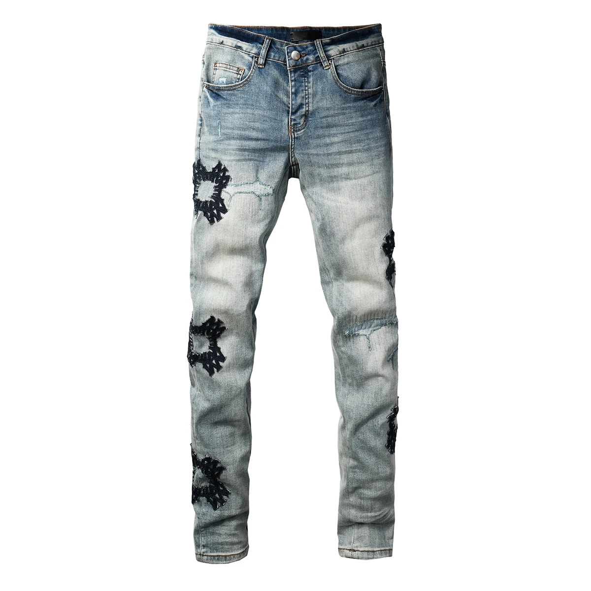 Men Ripped Distressed Skinny Jeans High Stretch Cotton Tapered Denim Pants