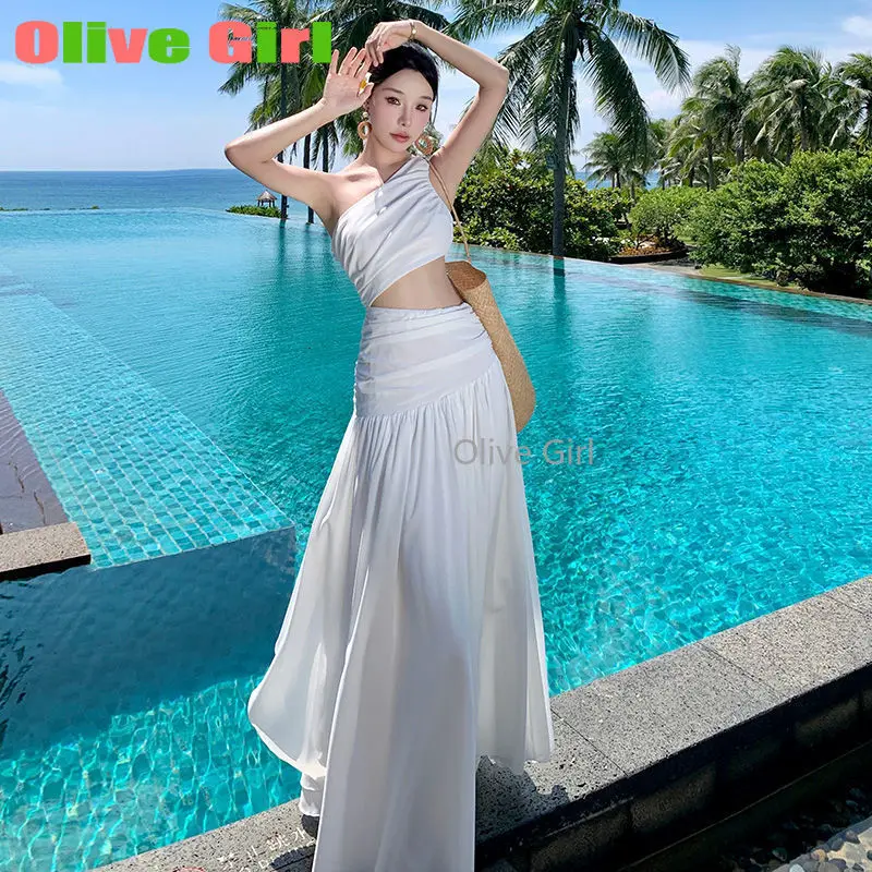 

Super Fairy Dress Summer French High-end Cold White Slanted Shoulder Waist Dress Women's Clothing Seaside Vacation Atmosphere