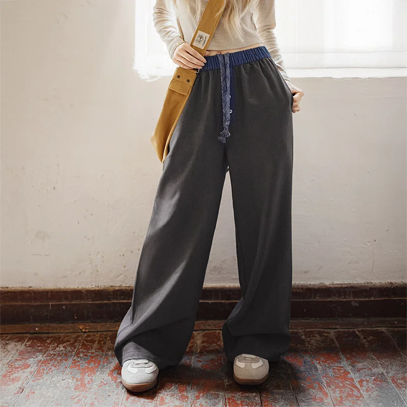 

Maden Women's Denim Patchwork Joggers Pants Black Gray Elastic Waist Drawstring Trousers Loose Fit Straight Casual Fall Pants