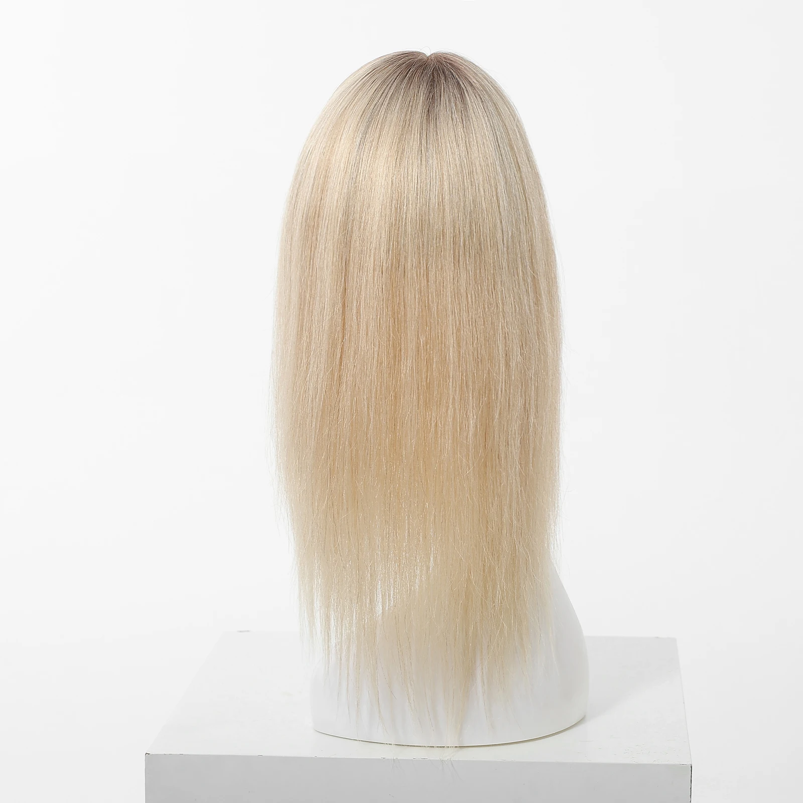 Ombre Light Blonde Hair Topper 16 inch Clip in Hair Extensions With Bangs 150% Density Straight Human Hair for Women Thin Hair