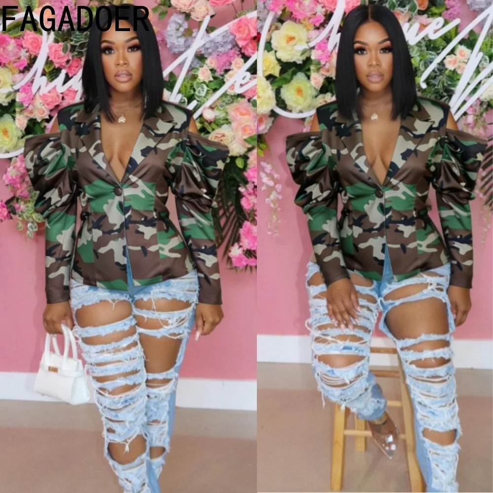 FAGADOER Women Camouflage Blazer Jacket Cold Shoulder Puff Sleeve Deep V Neck Button Front Sexy Streetwear Fashion Coat