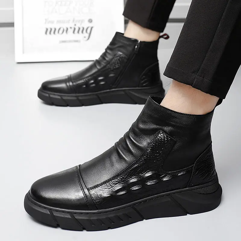 Winter Men Ankle Boot Crocodile Pattern Handsome Fashion Black HighTop Shoe British Style Ninja Plush Cotton Shoe мужская обувь