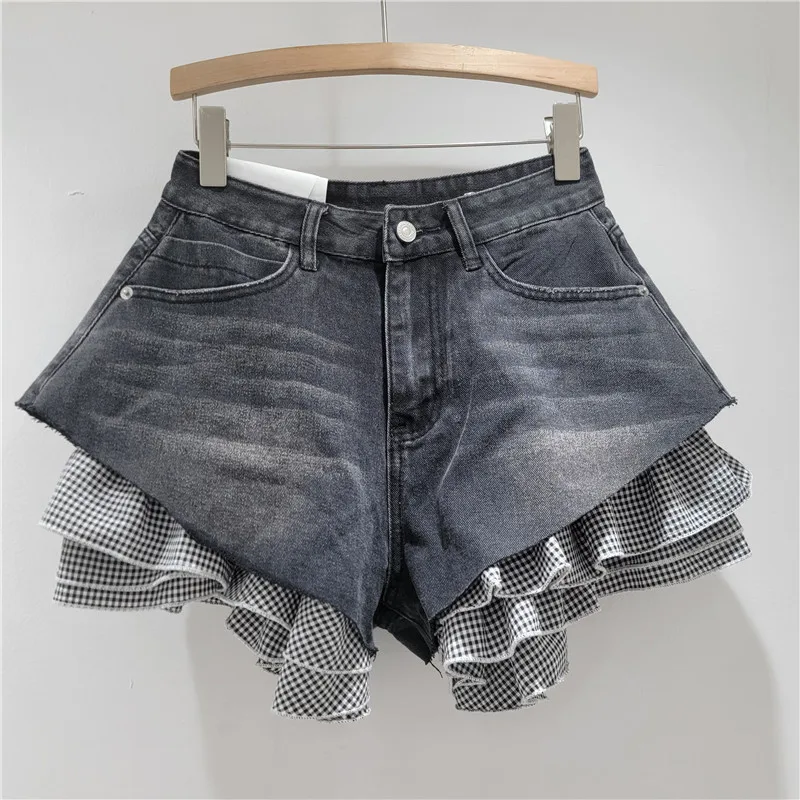 

European and American Style Personalized Denim Splicing Small Plaid Removable Shorts, High Waist Denim Shorts for Women Girls