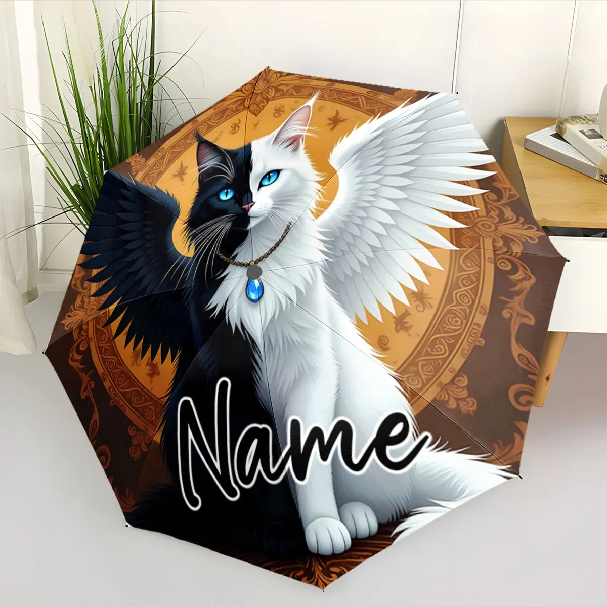 Custom Name Umbrella Angel and Demon Cats on Artistic Umbrella Print 8 Iron Ribs Folding Umbrella Auto-Open Fashion Sunshade