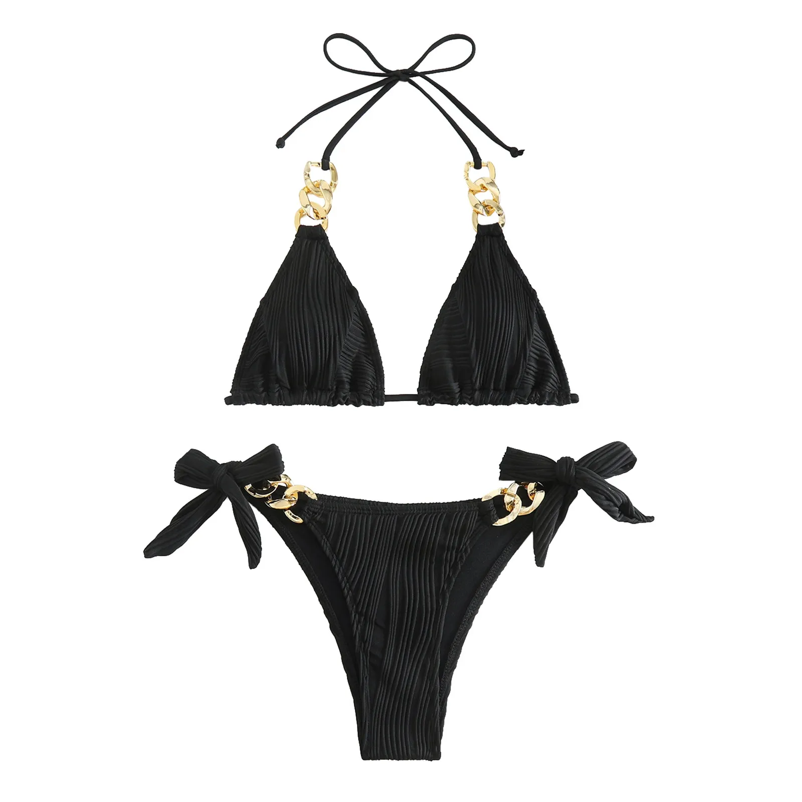 Summer New Swimsuit 2024 Women\'s Fashion Texture Solid Colour Swimsuit Two Piece Sexy Hanging Neck Tie High Waist Beach Bikini