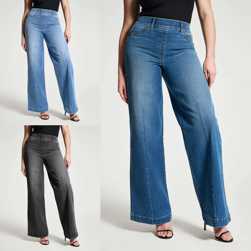 

Wide Leg Pants Jeans Women Straight Trousers High Waist Stretch Distressed Pockets Washed Streetwear Vintage Full Length Denims