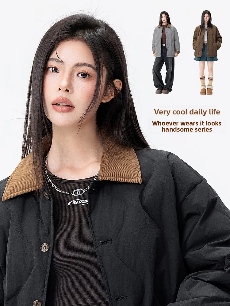 Women's Quilted Down Jacket Color Block Corduroy Collar Casual Winter Coat Unisex Couples Parka
