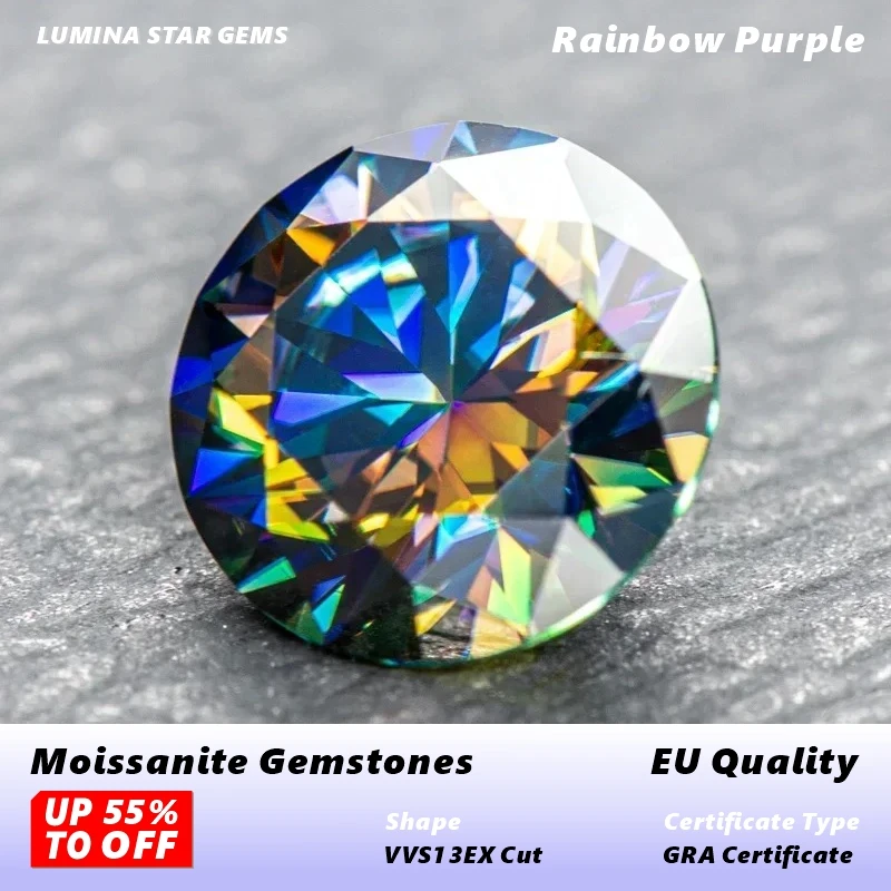 Rainbow Purple Moissanites Round Cut 3.0mm-11mm Eight Hearts and Eight Arrows Moissanite Diy Jewelry Making With Certificate