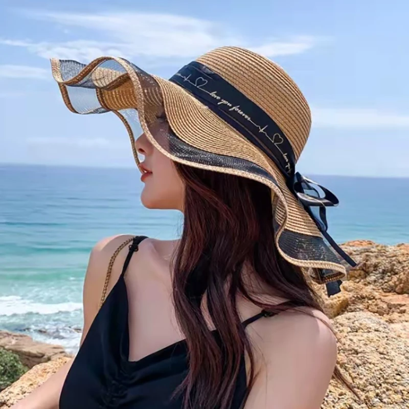 

New Summer Sun Hats Women Fashion Girl Straw Hat Ribbon Bow Beach Hat Casual Straw Panama Hat Bone Feminino