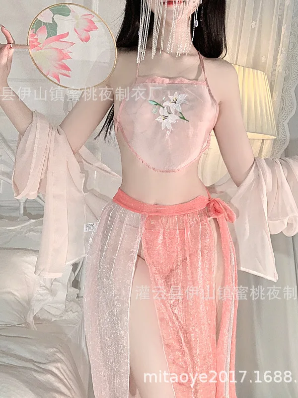 

New Transparent Temptation Sexy Underwear Sexy Antique Suit Embroidered Belly Pocket Hot Passion Pajamas Transparent Tulle E0CW