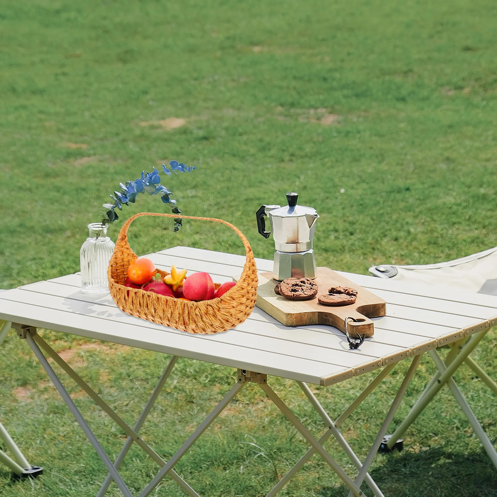 

Portable Faux Rattan Handwoven Picnic Basket Multipurpose Garden Harvest Fruit Vegetable Storage Decorative Flower Holder