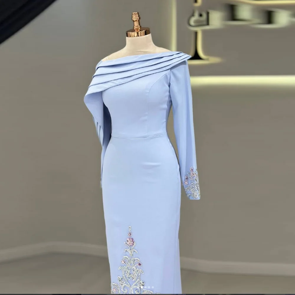 

Customized Blue Saudi Evening Dress Appliques Lace Long Sleeves Pleat Sequins Mermaid Party Gown Prom Dresses