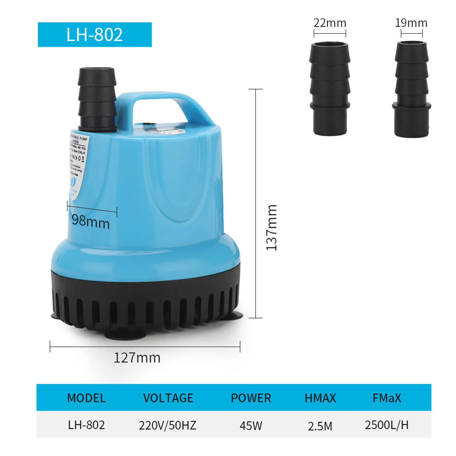 LH-802 45W Submersible Water Pump Quiet Bottom Suction Pump With Dry Burning Protection For Pond Aquariums Hydroponics Fountain