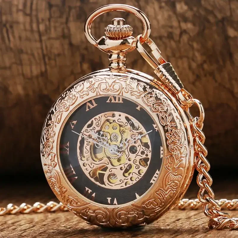 

Antique Rose Gold Transparent Glass Roman Numerals Mechanical Hand Wind Pocket Watch Pendant Chain Clock Gifts Men Women reloj