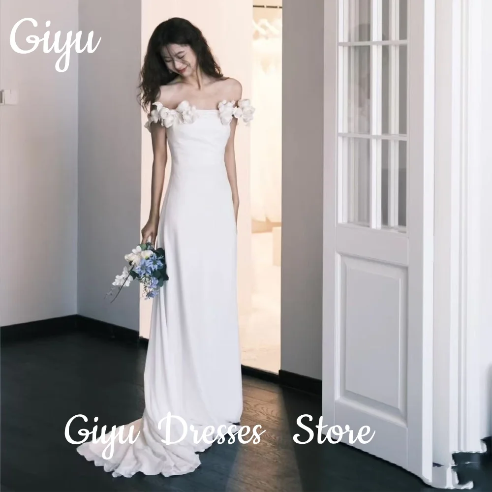 

Giyu Fairy Off Shoulde A Line Korea Wedding Dresses Flowers Court Train Elegant Bridal Gowns Corset Back Customized 웨딩드레스 2025