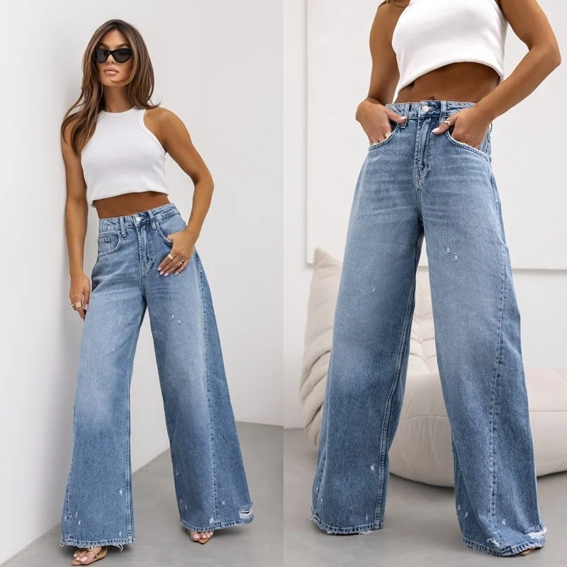 

American Retro Straight Hole Jeans Women's Europe and the United States 2025 Summer New Wide-Legged Trousers Straight Trousers
