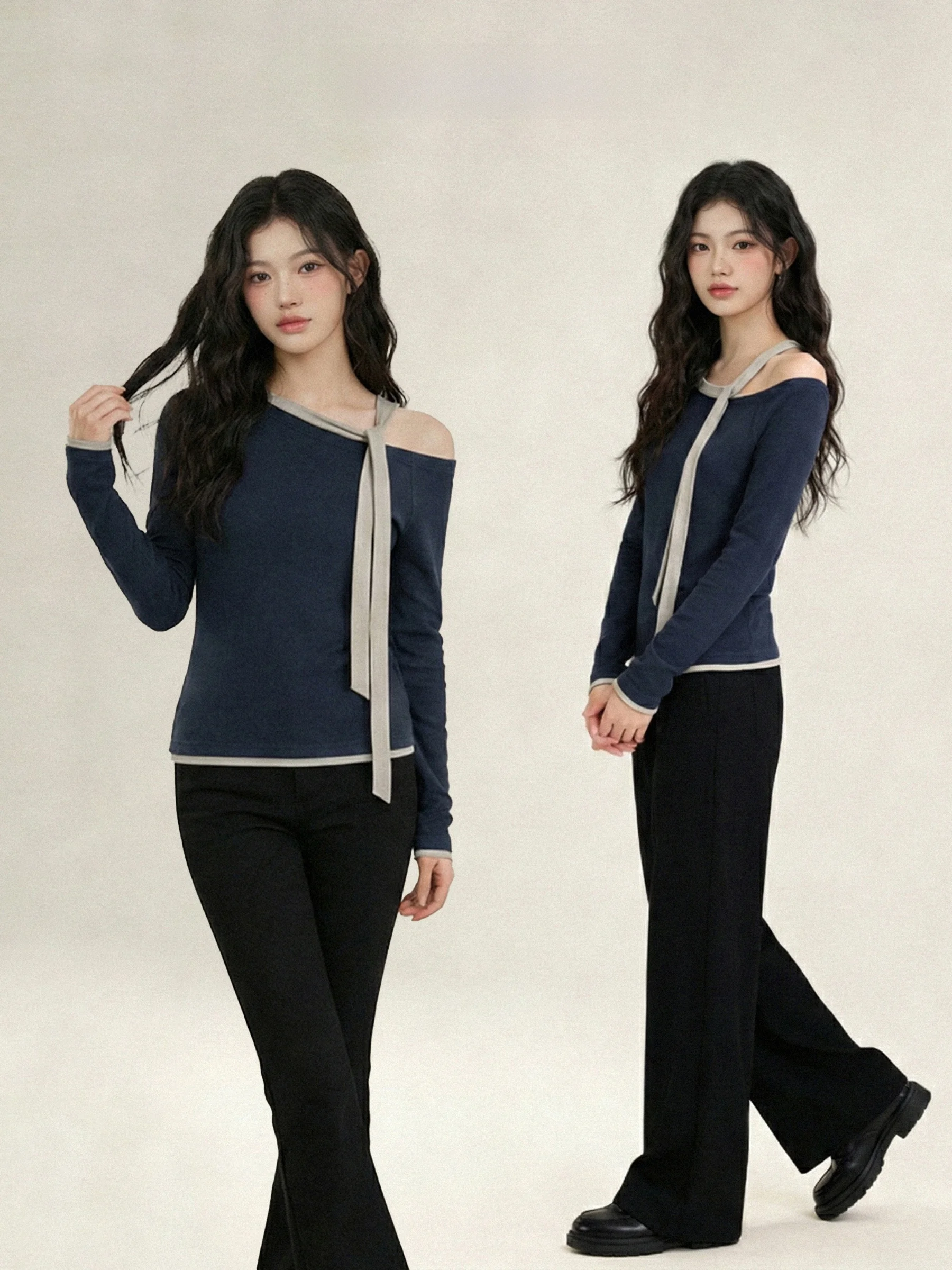 

Korean Sle Long Sve Slim Fit Women's T-irt oulder Baring Top Early Spring New Faion Ele Unique Upper Body