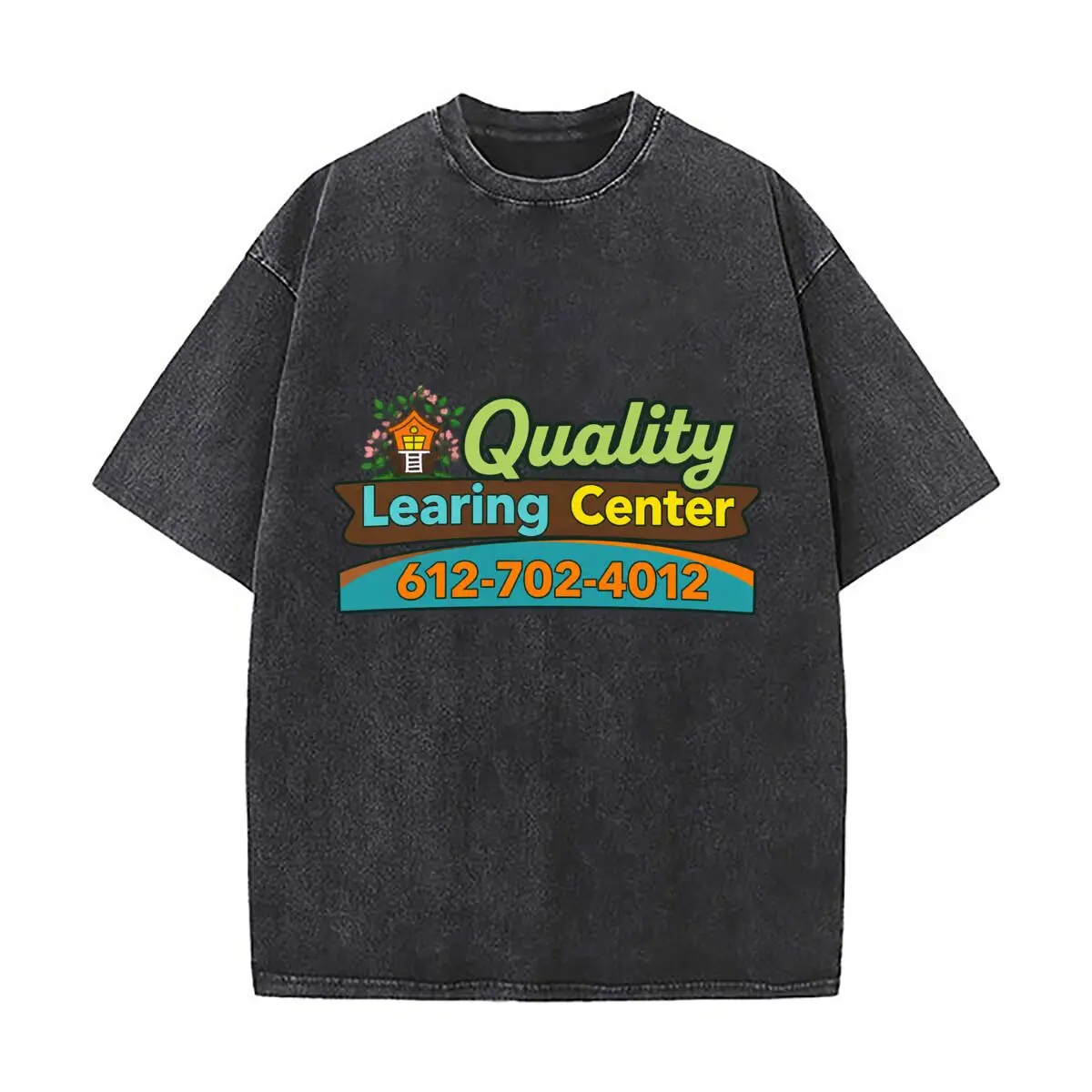 Quality Learning Center 612 702 4012 School Floral Logo Washed Short Sleeve Loose Streetwear Tee Hip Hop