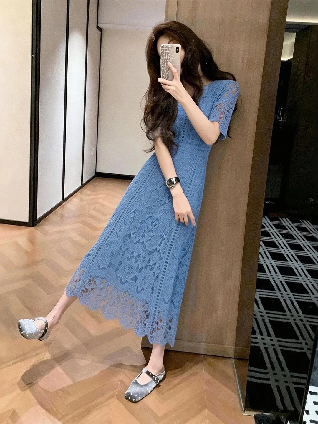 

Elegant Slim Fit Long Dress French Style Pure Color Lace Short Sleeve Zipper Closure Business Casual Summer Dress for Women