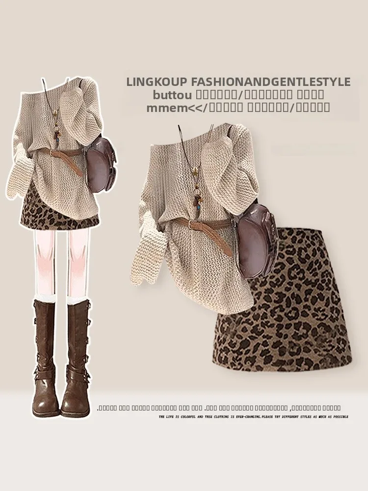 

Faionable Large Size Spring Knitted Set Women's Vintage oulder Bared All Match Leopard Print Wrap Skirt Two Piece Set