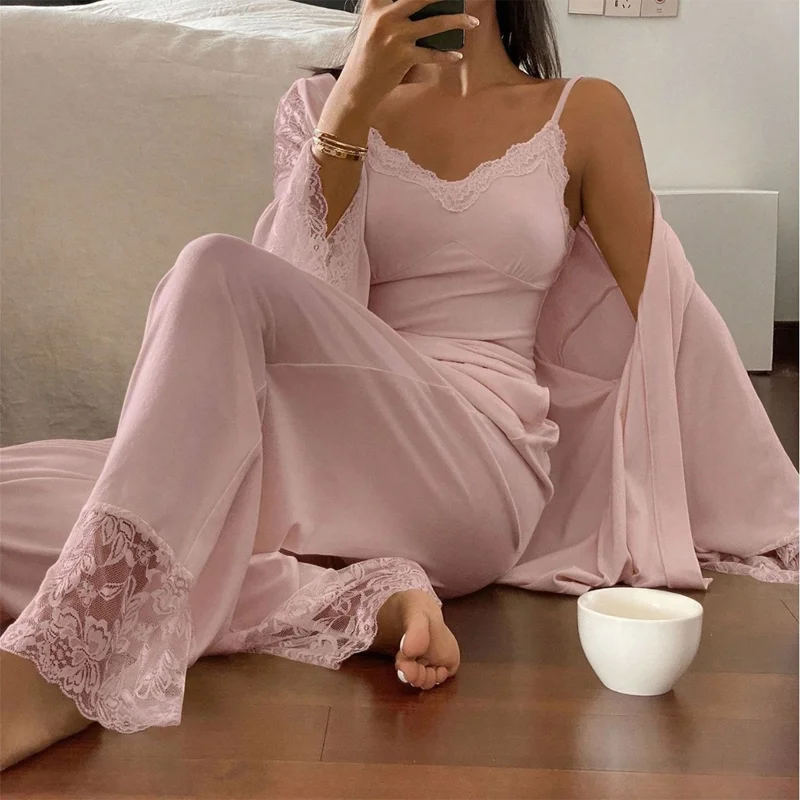 Women's Pajamas Set Lace Trim Kimono Robe Camisole Top Wide Leg Pants 3 Piece Elegant Lounge Sleepwear Pink Ivory Nightwear