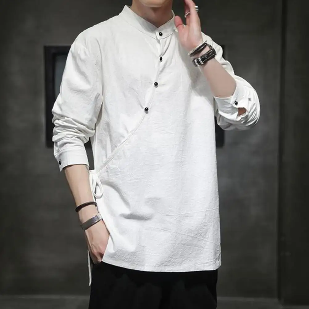 Men Shirt Spring Men Shirt Retro Ethnic Chinese Hanfu Style Men's Tang Suit Top with Stand Collar Lace-up Design Side Slit Loose