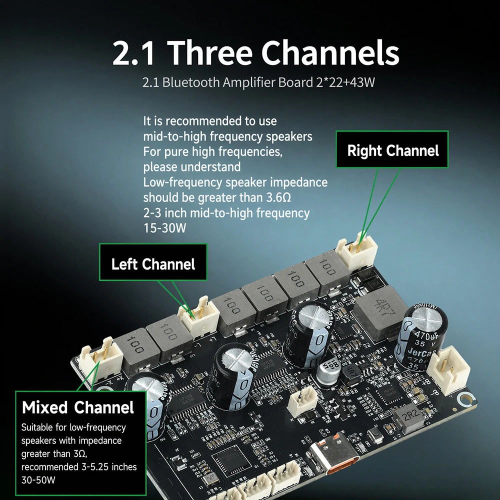 Bluetooth-Verstärkerplatine APP-Steuerbar 2.1-Kanal 2×22W+43W Bass Typ-C Ladeanschluss Audio-Verstärkerplatine für DIY-Lautsprecher – Detail 20