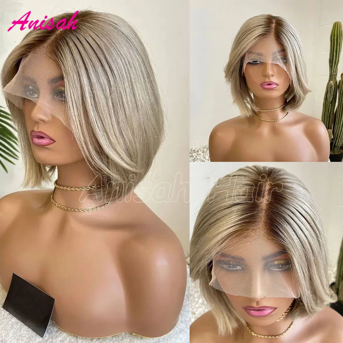 

Raw Hair Ash Blonde Lace Front Wigs For Women Ombre Colors Straight Pixie Cut Lace Closure Glueless Wig Short Bob Human Hair Wig