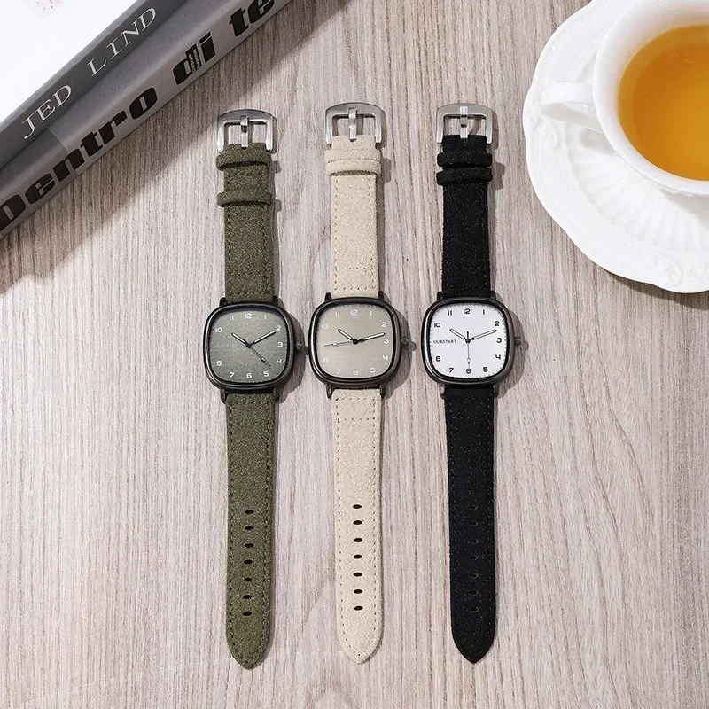 Vintage Square Dial Watches Velvet Leather Belt Wristwatch Brand Quartz Watch Youth Student Watch Casual Men Women Gift Clock