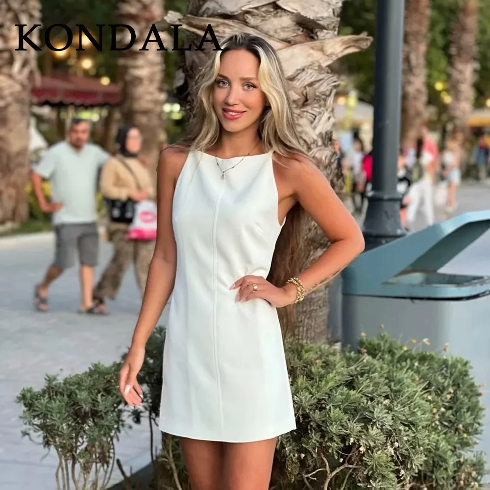 KONDALA 2025, Frühling Sommer Streetwear Frauen Mini Kleider Mode Vintage Elegante Feste Cami Ärmellose O Neck Damen Kleider