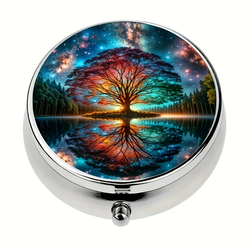 1 metal pill organizer with a blessing tree design - a portable medicine container with 3 compartments, perfect for compact travel in a purse or handbag, a unique gift idea, and a travel pill organizer for medication