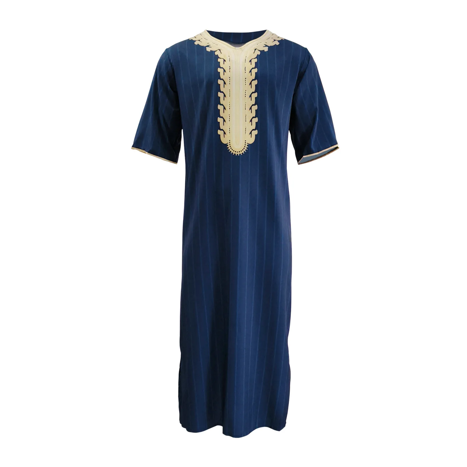 Wholesale Summer Casual Loose Solid Color V-neck Muslim Robe Men's Middle Eastern Printed Arabic Robe