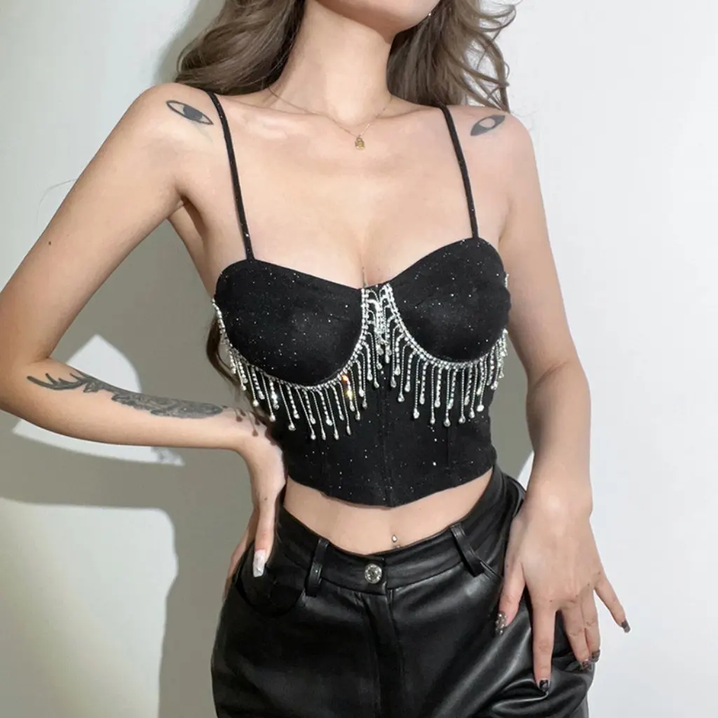 

Женский жилет со стразами и кисточками на подтяжках и воротником в европейском и американском стиле, весна-лето, облегающий сексуальный мини-жилет для женщин