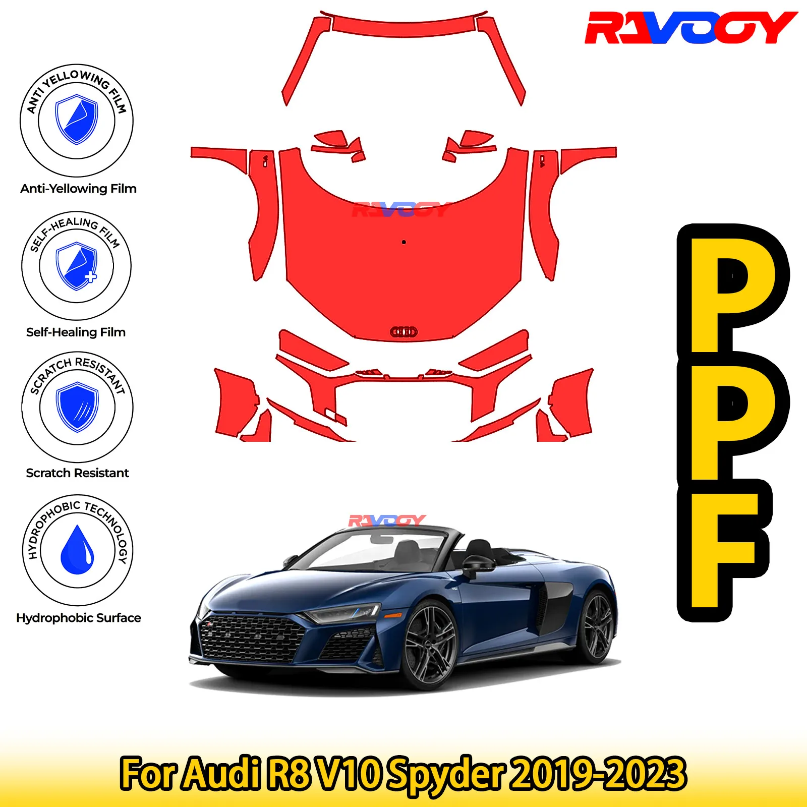 

Для Audi R8 V10 Spyder 2019-2023 глянцевая матовая черная предварительно вырезанная передняя PPF комплект защитная пленка для краски