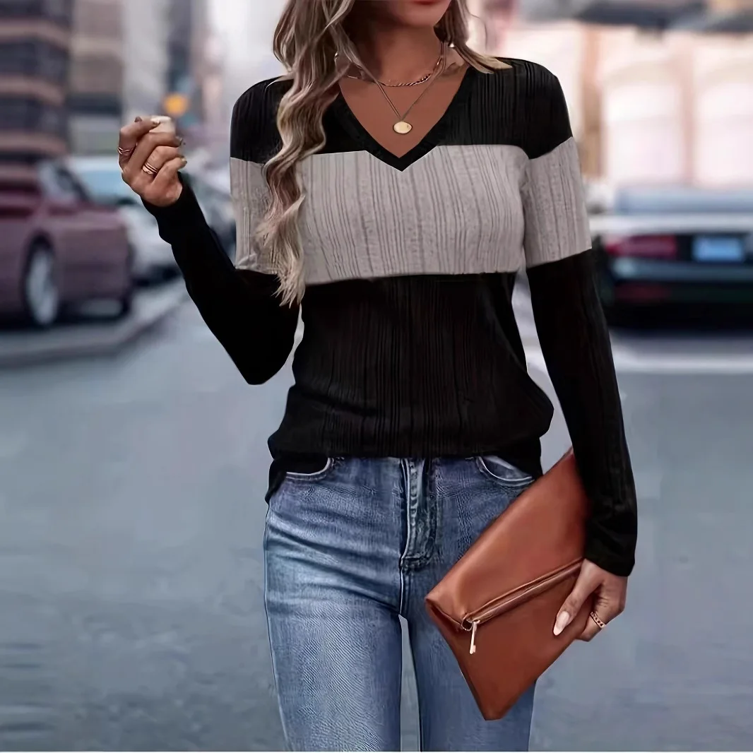 

2025 Spring and Autumn New Women's Clothing Casual V-neck Color Matching Long-sleeved T-shirt Top