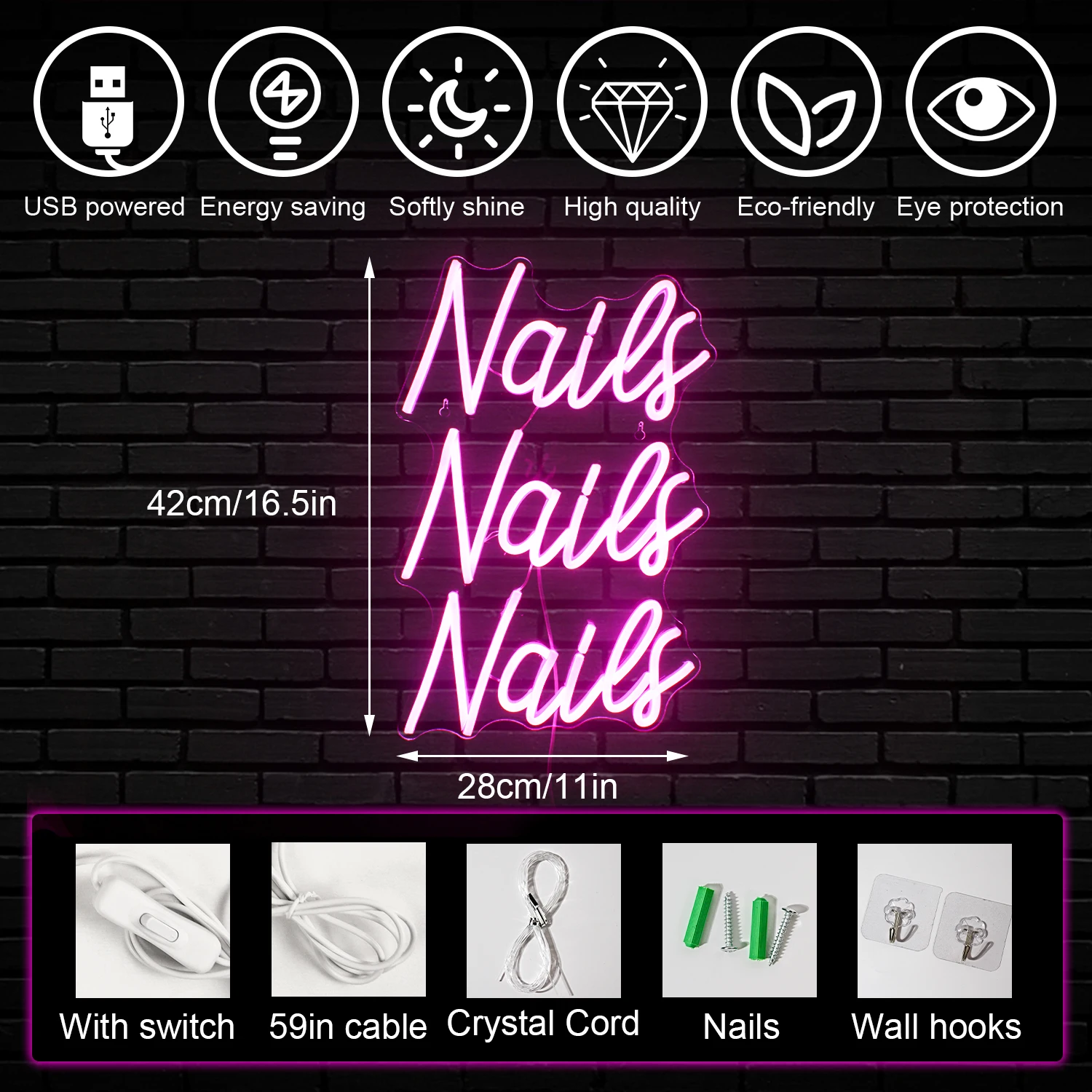 Pink Nail Neon Sign for Room Decoration Nails Neon Decoration Nails LED Sign with USB Powered for Nail Salon Beauty Room