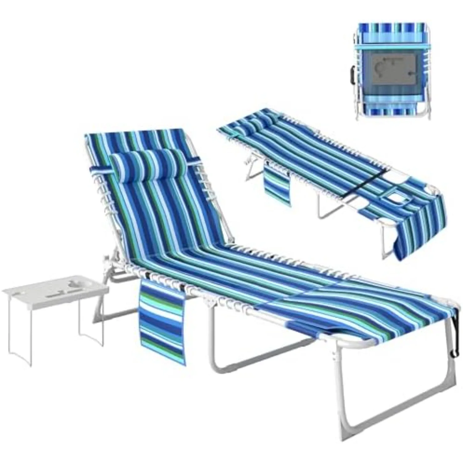 Tanning Chair with Face Hole Oxford Fabric Blue Stripe | Side Table, Folding, 5-Position Reclining, Chaise Lounge