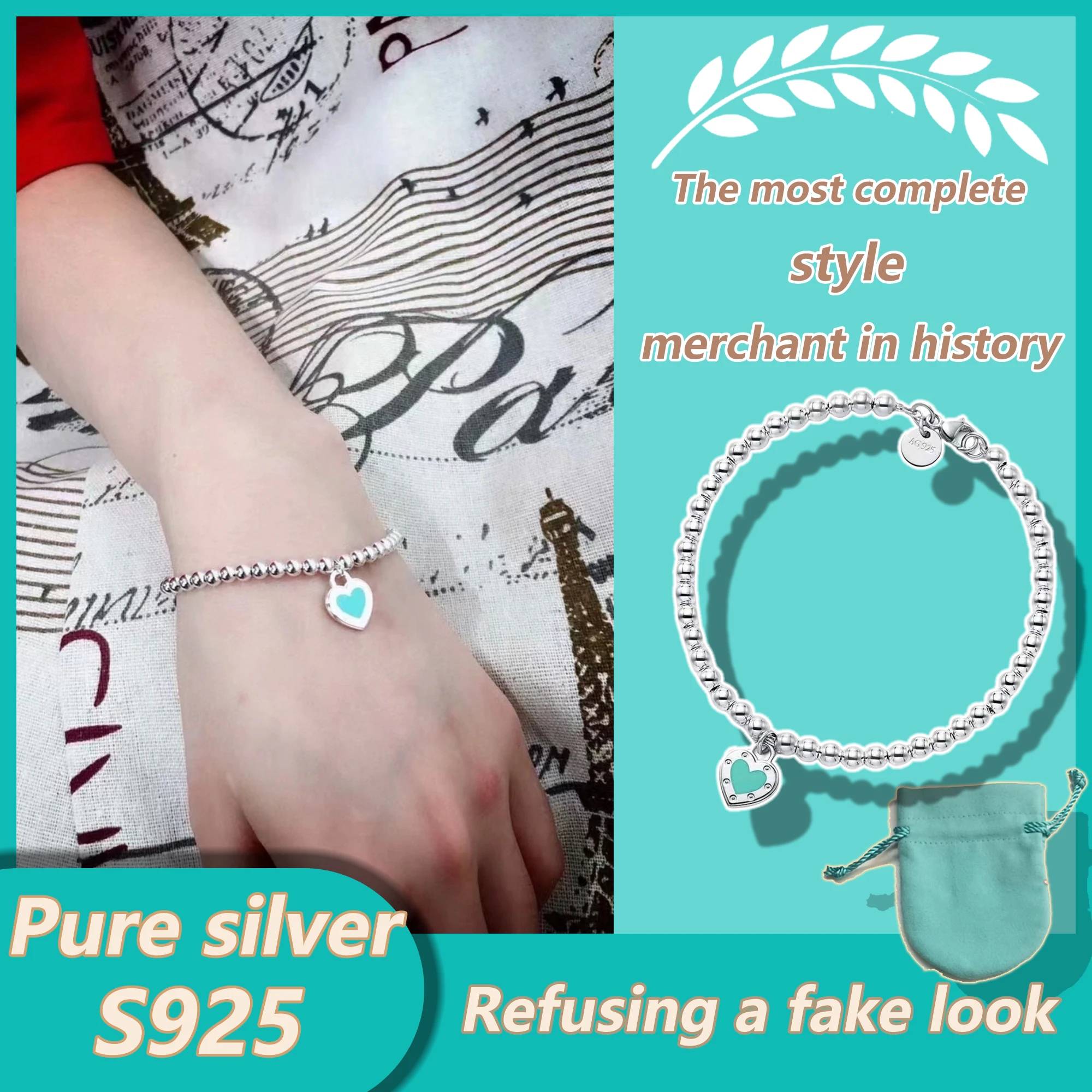 

Enamel heart-shaped pendant bracelet, pure silver S925, fashionable and trendy temperament, round bead bracelet, TCO series gift