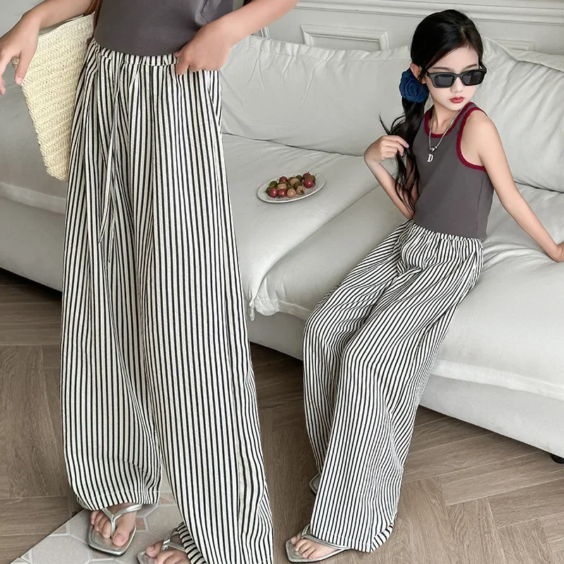 

Teen Girls Summer Pants Thin Casual Striped Wide-legged Pants for Children's Daily All-match House Trousers Kids Clothes 10 12 Y