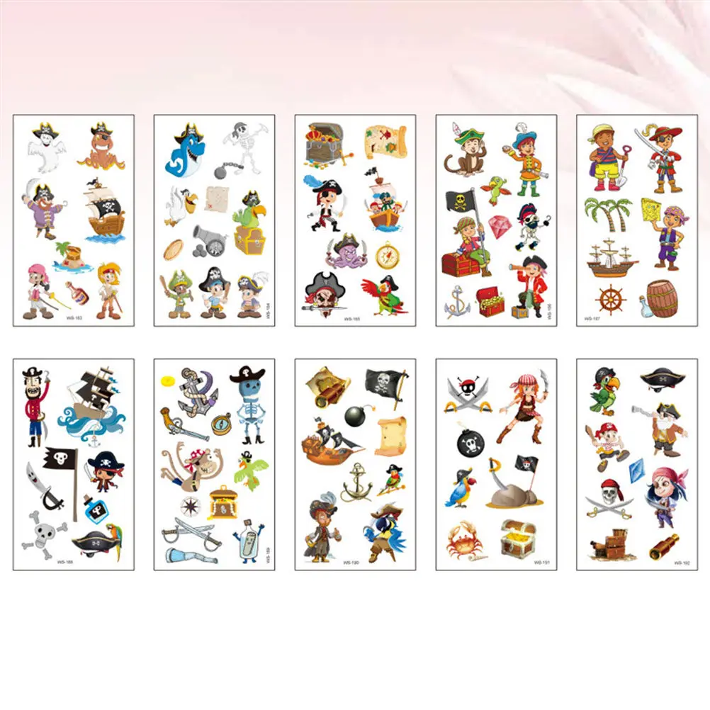 

20 Sheets Waterproof Temporary Tattoos Kids Cartoon Pirate Stickers Disposable Party Favors Decorations Safe Fun