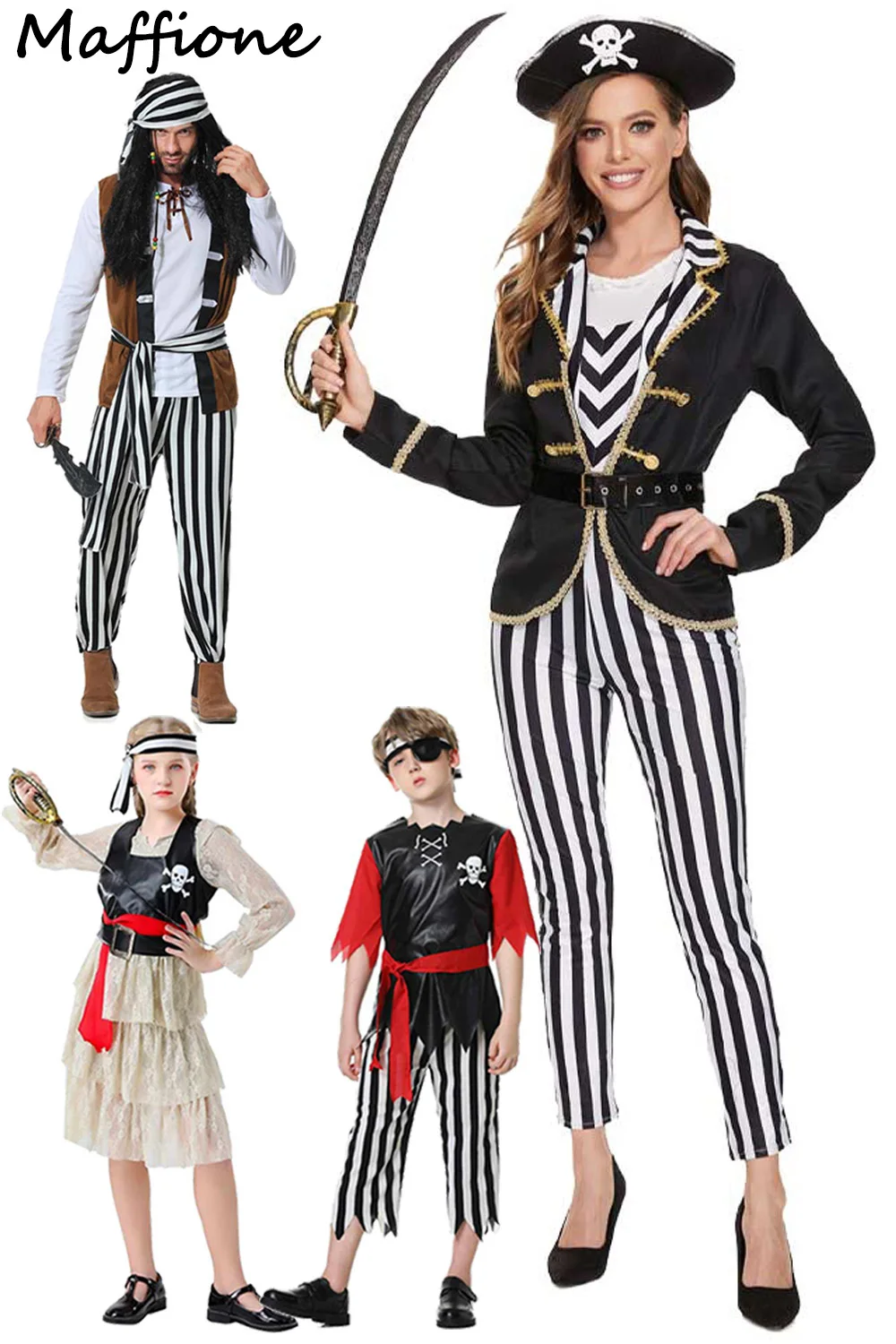 Disfraz de pirata familiar para adultos y niños, traje Medieval victoriano Vintage, ropa de fantasía para Halloween y Carnaval