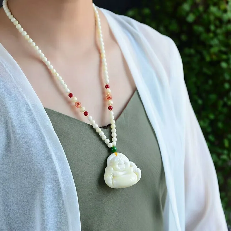 Live Broadcast Russian White Pattern Beeswax Big Belly Maitreya Buddha Head Pendant Men and Women Smiling Buddha Sweater Necklac