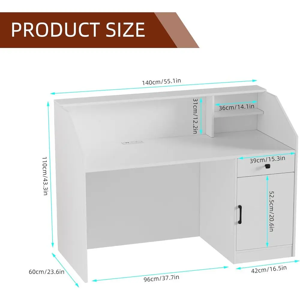 55.1 Desk, Retail Counter, Cash Wrap Counter | Desk with Charging Station, LED Light, Storage Shelves, Checkout Counter or Lobby